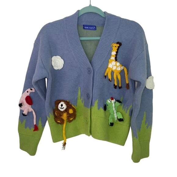 Blank Palette Womens Cardigan Jacket Size Medium Zoo Theme Applique Acrylic - Picture 13 of 13